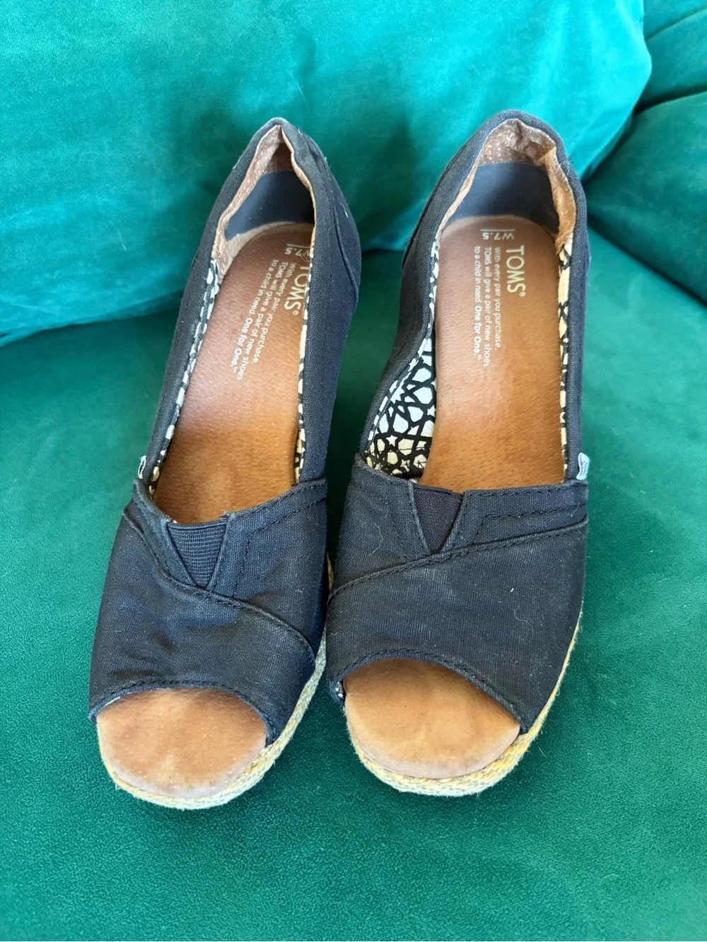 TOMS Black Canvas Espadrille Wedge Peep-Toe Slip-On